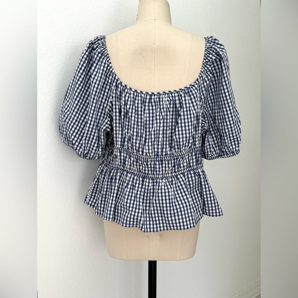 Gap Factory Puff Sleeve Cinched-Waist Top NWT Cotton Blue & White Gingham XL - Picture 5 of 8